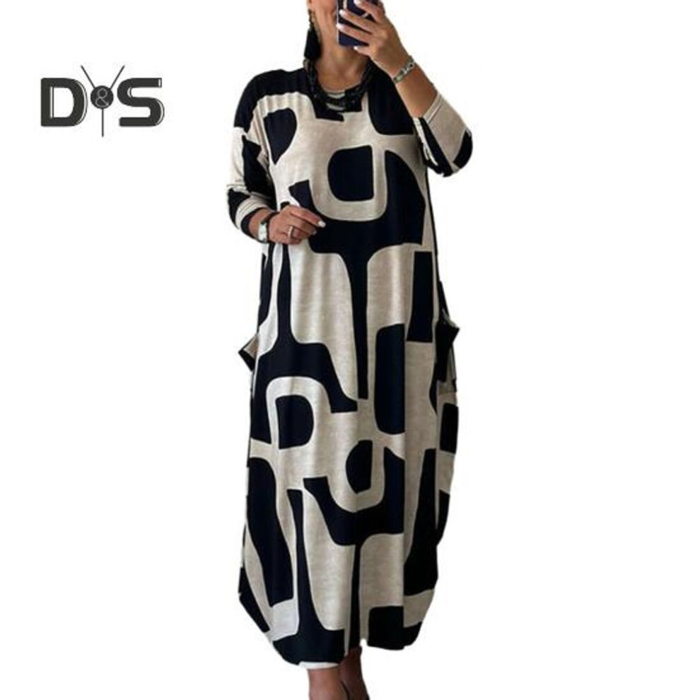 (black, XL) Women Dress Color Matching Print Loose Long Sleeve O Neck A line Ankle Length Pockets Plus Size Pullover Lady Maxi Dress