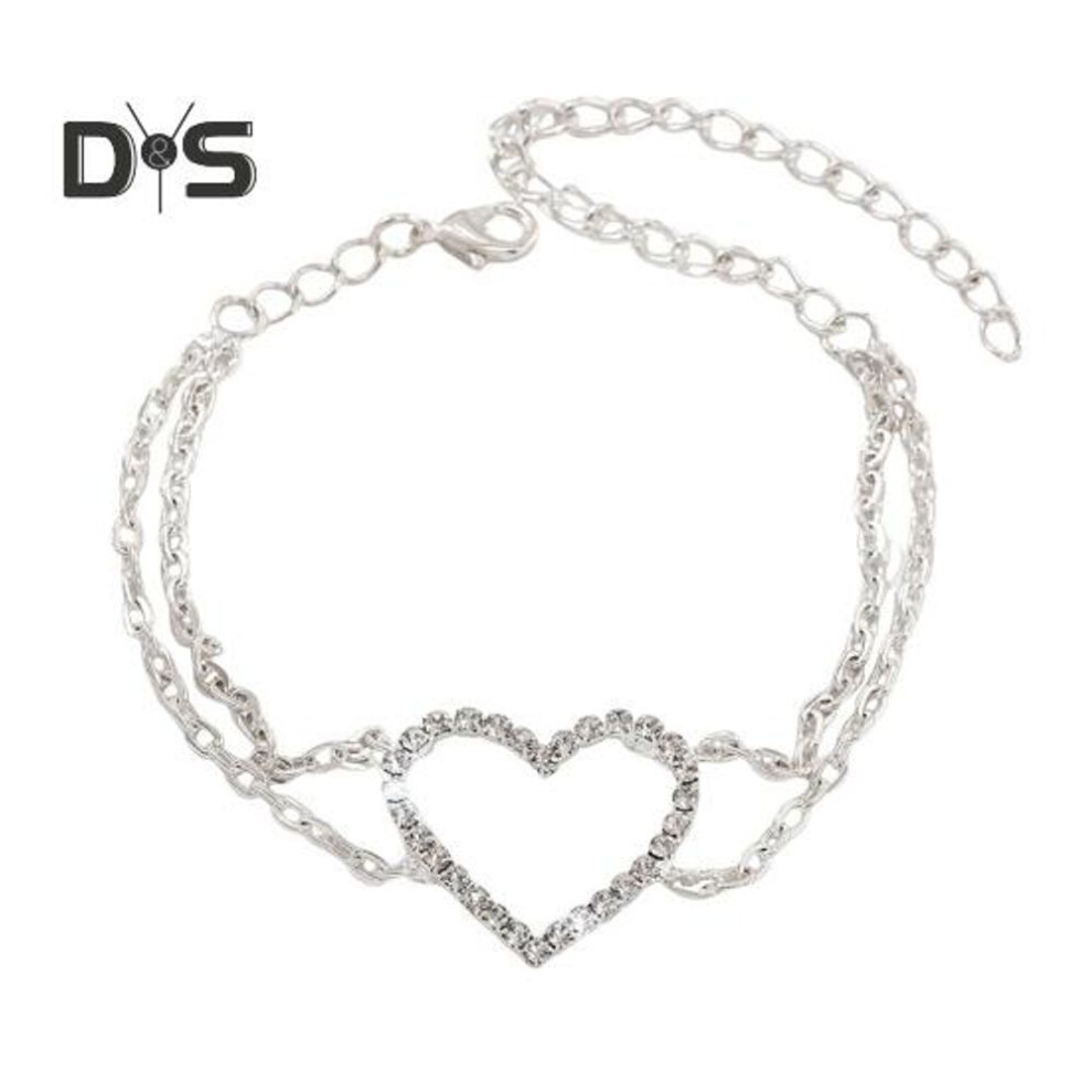 (silver) Women Anklet Hollow Out Heart Double-layered Rhinestone Decor Adjustable Length Polished Lady Ankle Jewelry Ankle Chain Birthdays Anniversaries Gift
