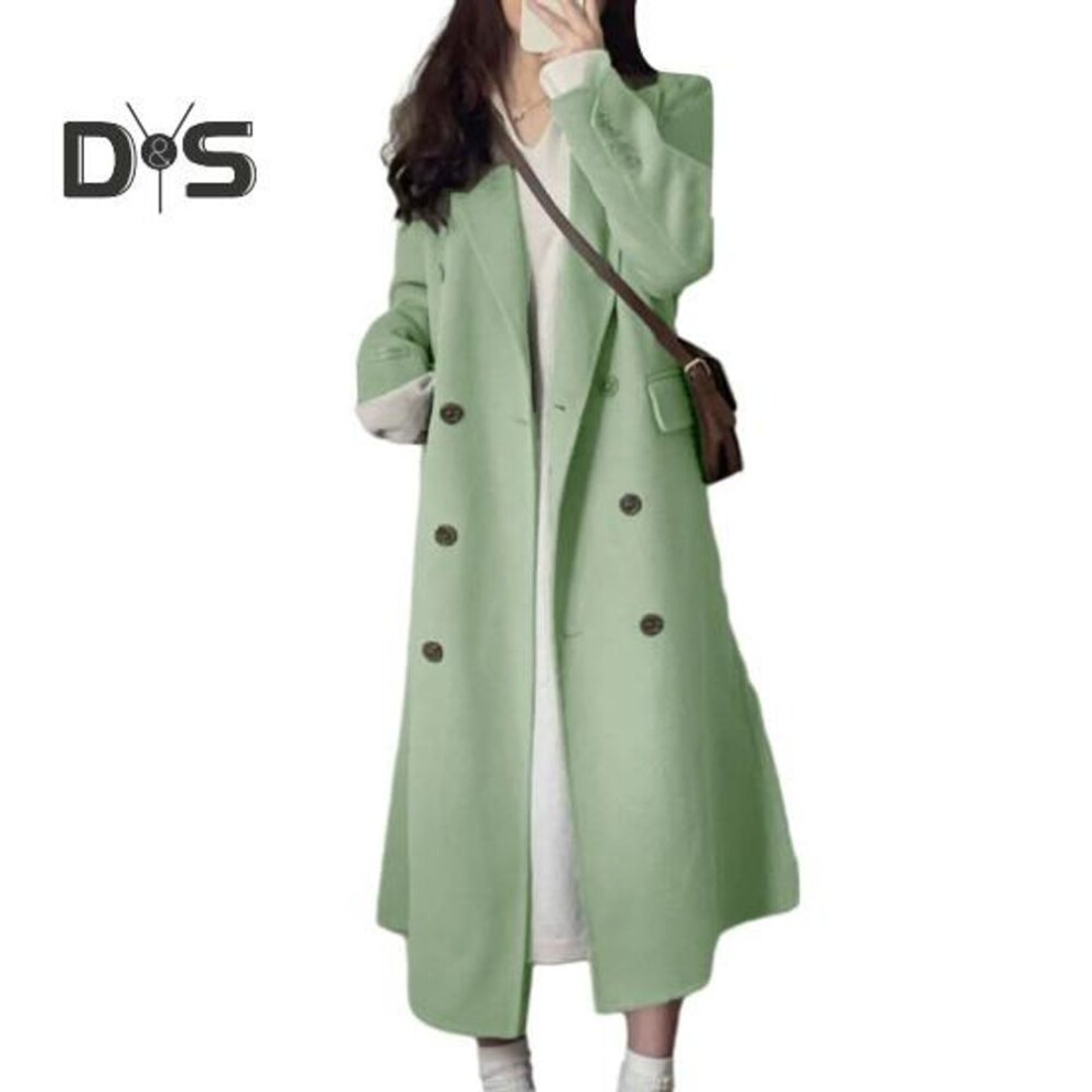 (light green, XL) Women Autumn Winter Long Woolen Coat Lapel Long Sleeve Double Breasted Pockets Outwear Solid Color Warm Lady Overcoat
