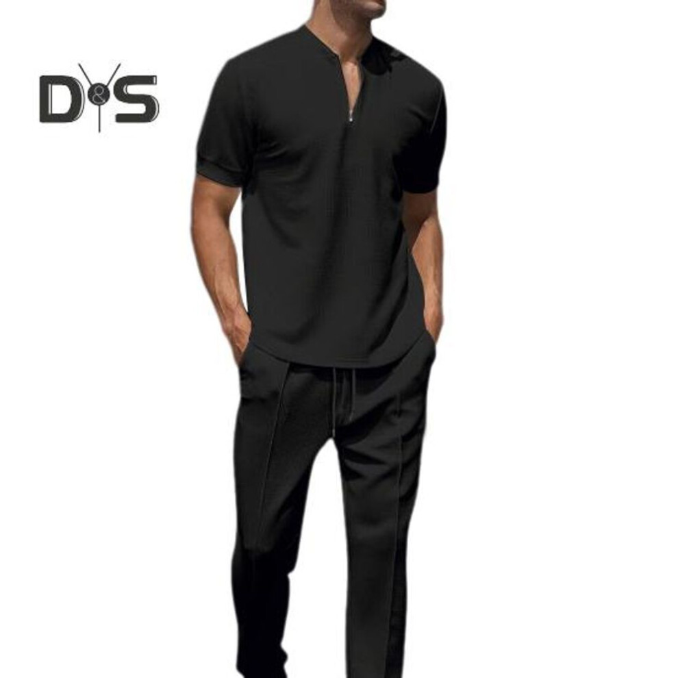 (black, M) 2pcs/set Men Casual Outfit Stand Collar Zipper Neckline Short Sleeve Tops Elastic Waistband Drawstring Pockets Pants Set