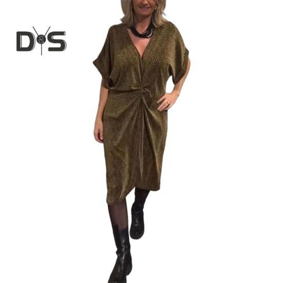 (dark yellow, XXXL) Women Dress V Neck Knee Length Loose Pure Color Midi Dress Shiny Knot Twist Waist Short Sleeves Casual Dating Dress