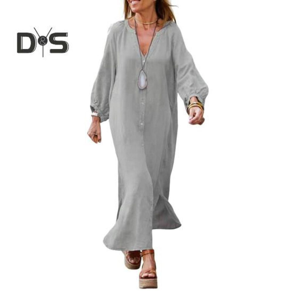 (grey, XXL) Spring Autumn Dress Button-down Three-quarter Sleeves Loose Maxi Dress Pure Color V Neck Cardigan Casual Daily Dress