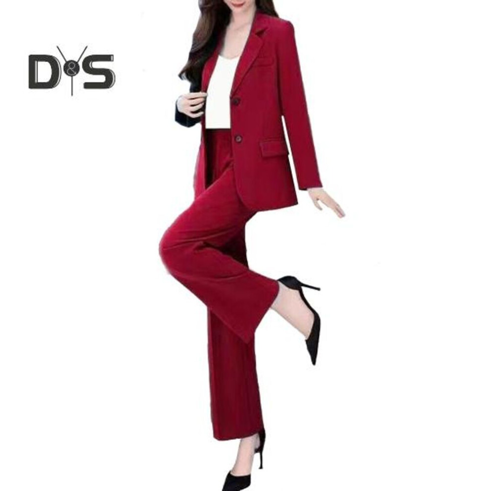 (wine red, 4XL) 2 Pcs/set Women Coat Pants Suit Formal Business Style Lapel Button Closure Cardigan Long Sleeve Straight Wide Leg Plus Size Commute Jacket Trousers