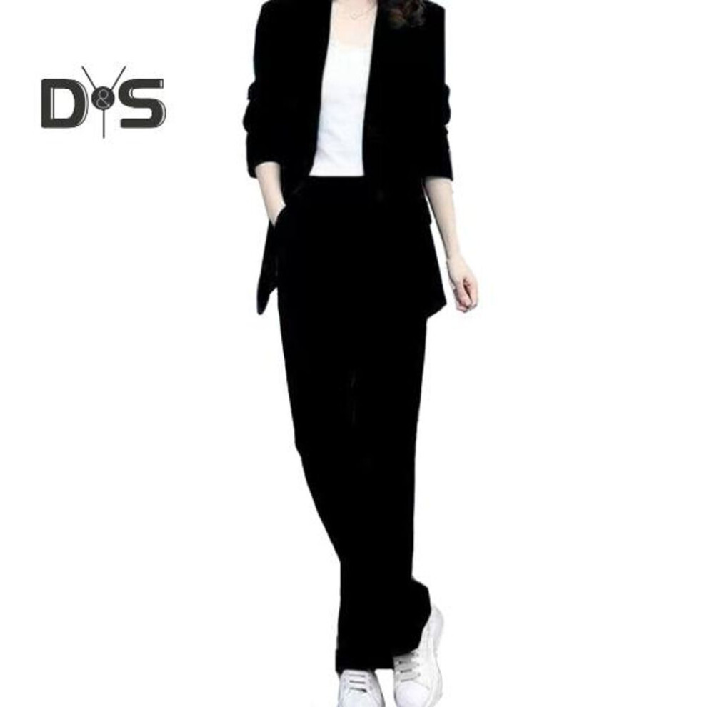(black, 5XL) 2 Pcs/Set Women Coat Pants Suit Formal Business Style Lapel Button Closure Cardigan Long Sleeve Straight Wide Leg Plus Size Commute Jacket Trousers