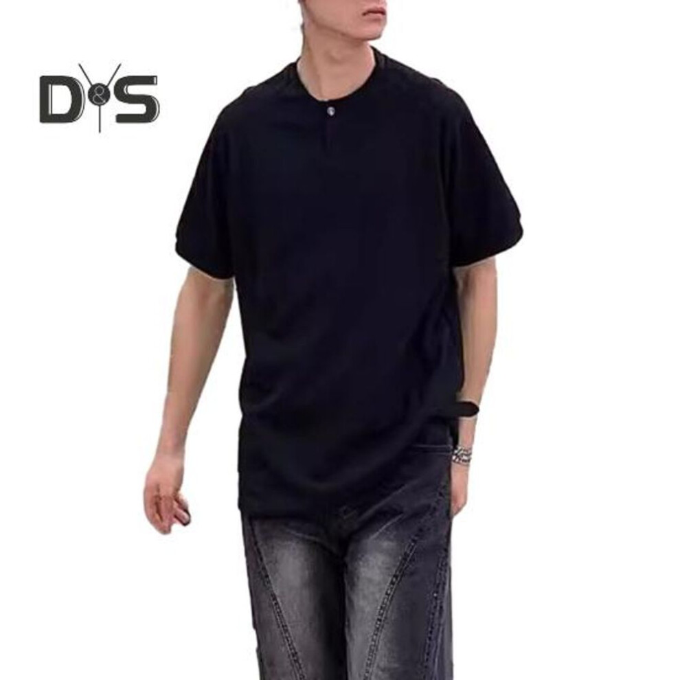 (black, 2XL) Men Shirt Round Neck Buttons Half Placket Short Sleeve Loose Fit Tops Waffle Texture Casual Tee Shirt Home Gym Streetwear