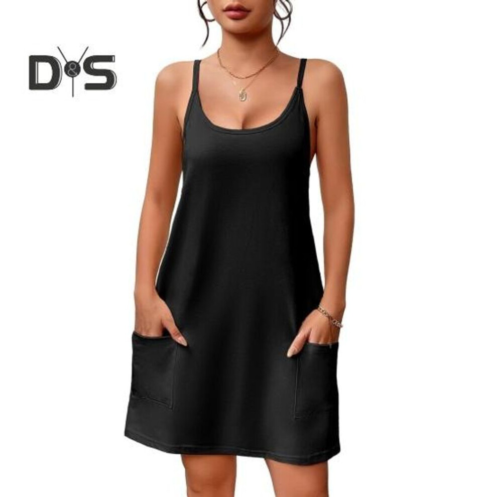 (black, S) Women's Nightgown Sleeveless Chemise Pajama Dress Spaghetti Strap Racerback Tank Dress with Pockets Summer Loose Sleepwear