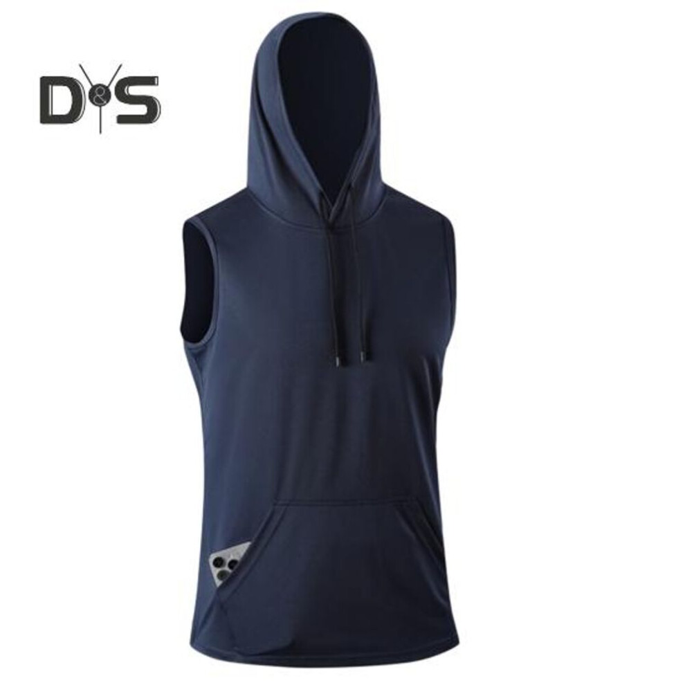 (dark blue, XL) Men Vest With Front Pocket Hooded Design Rope-coated Sleeveless Casual Breathable Home Gym Tops Street Wear