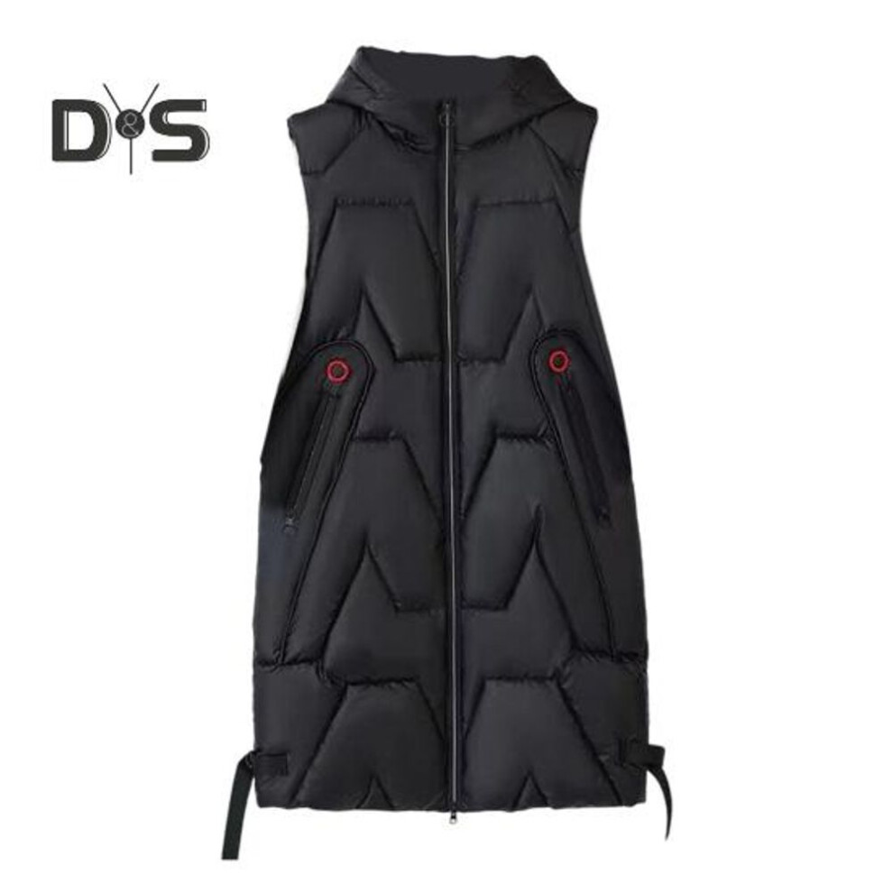(black, L) Women Winter Waistcoat Hooded Thick Sleeveless Glossy Surface Padded with Pockets Zipper Closure Mid Length Outdoor Coat