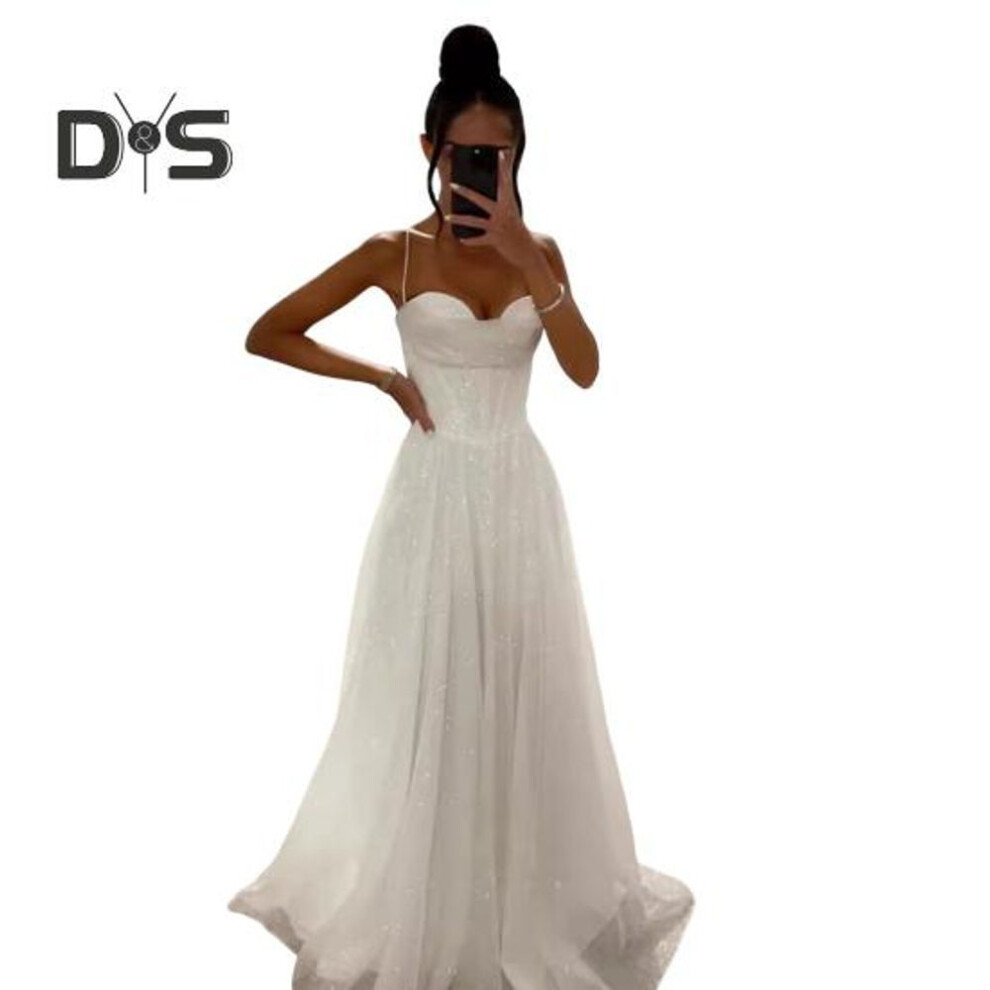 (white, L) Bridal Wedding Dress Prom Party Evening Dress Backless Spaghetti Strap Sequin Sleeveless A-line Floor Length Ball Gown Pleated Low-cut Cocktail Dress