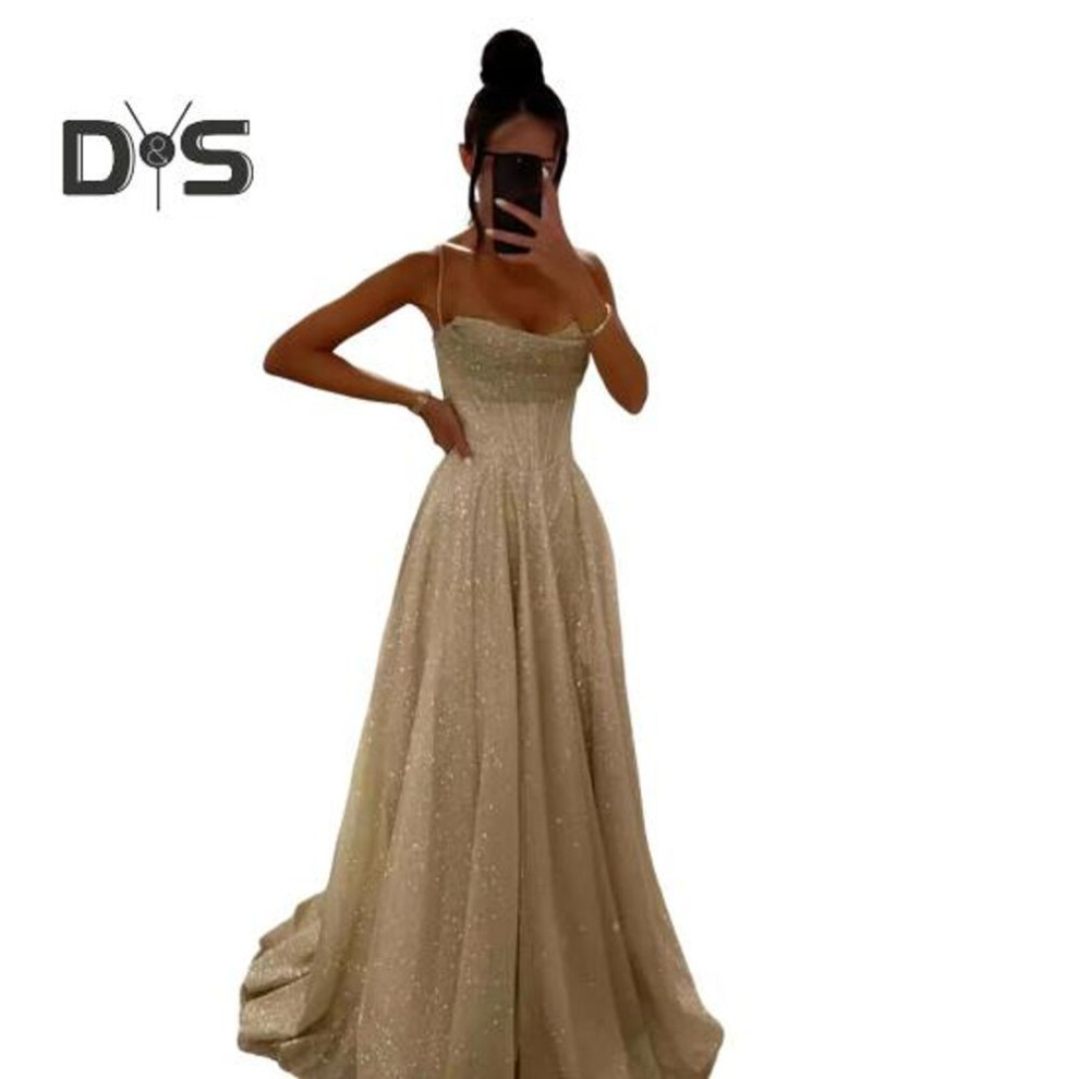 (champagne, S) Bridal Wedding Dress Prom Party Evening Dress Backless Spaghetti Strap Sequin Sleeveless A-line Floor Length Ball Gown Pleated Low-cut Cocktail Dress