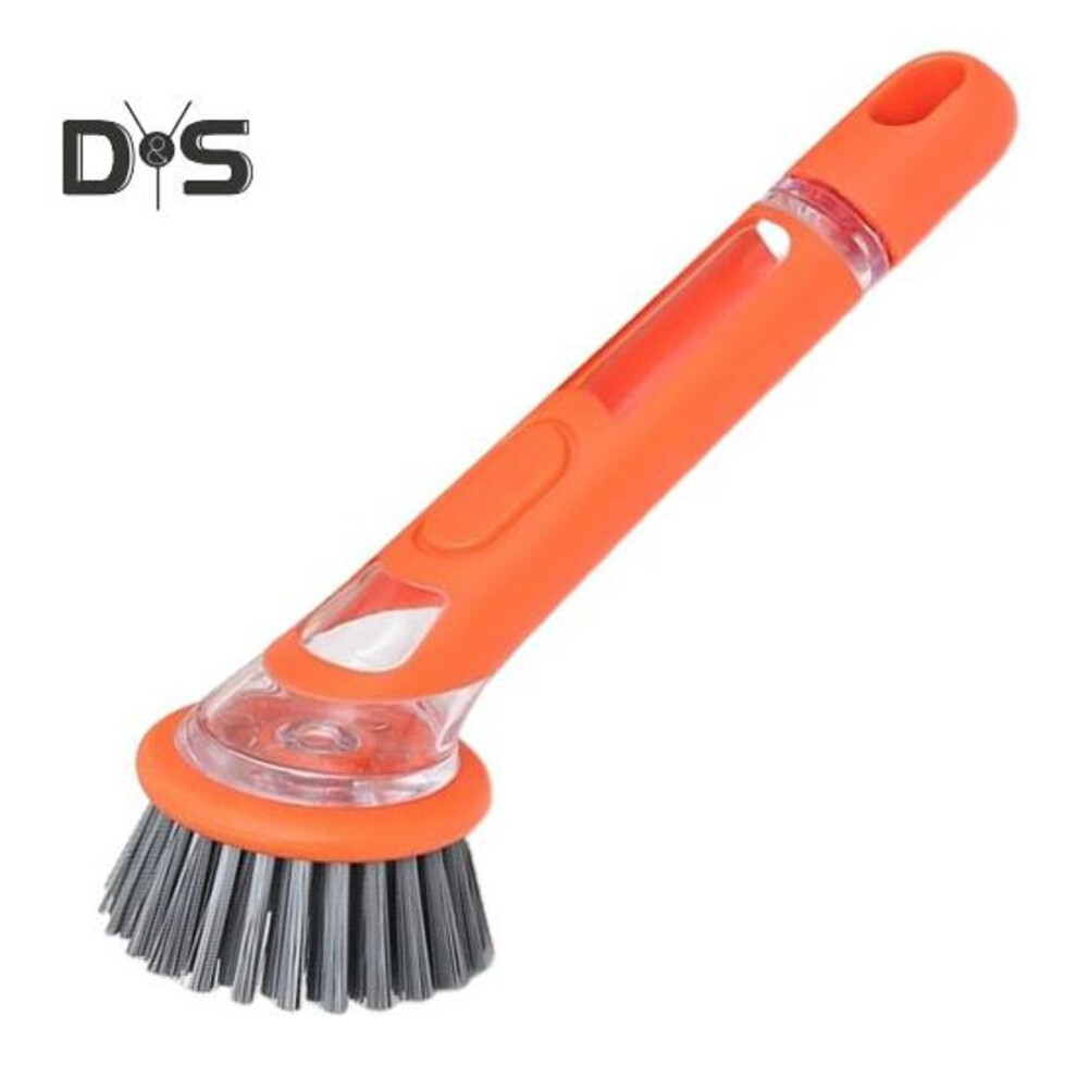 (orange) Pot Brush with Soap Dispenser Long Handle Hanging Hole Design Kitchen Brush Pans Pots Sink Liquid-Added Brush