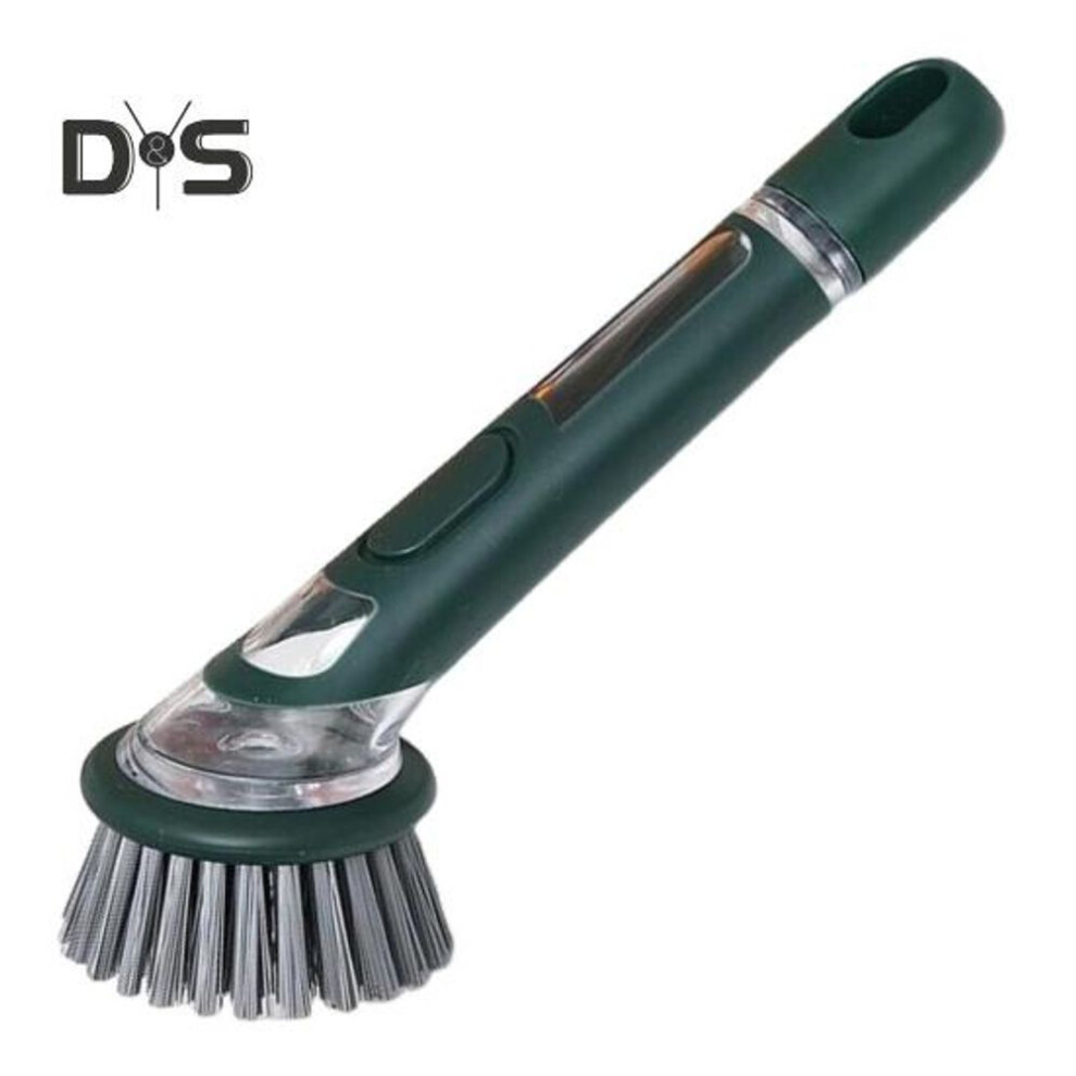 (dark green) Pot Brush with Soap Dispenser Long Handle Hanging Hole Design Kitchen Brush Pans Pots Sink Liquid-Added Brush