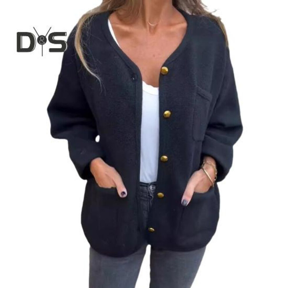 (S, black) Winter Women Jacket Round Neck Single-breasted Cardigan Long Sleeves Outerwear with Pockets Warm Heat Retention OL Commuting Coat