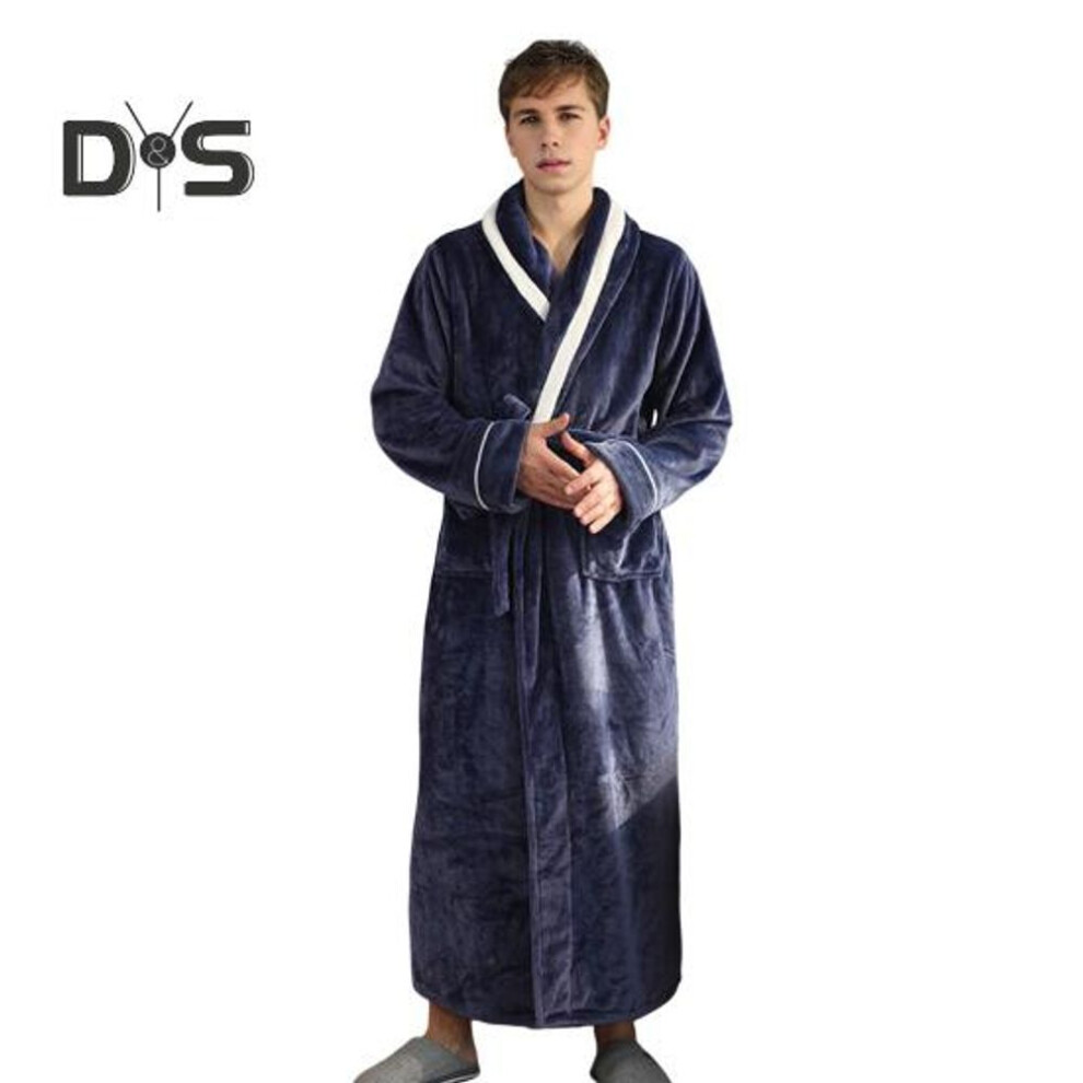 (M, navy blue) Couple Winter Nightgown Thick Flannel Warm Adjustable Lace Up Belt Solid Color Twisted Texture Pockets Great Water Absorption Lady Homewear Spa Hotel
