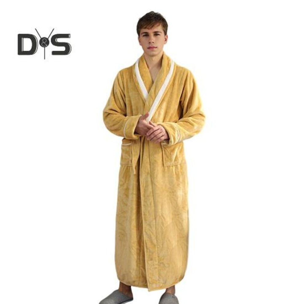 (M, yellow) Couple Winter Nightgown Thick Flannel Warm Adjustable Lace Up Belt Solid Color Twisted Texture Pockets Great Water Absorption Lady Homewear Spa Hotel