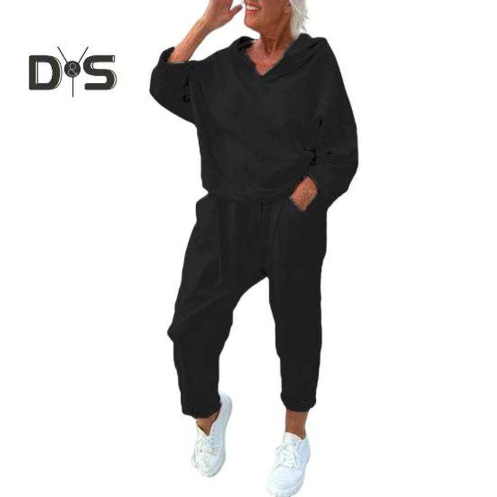 (black, XXXL) 2 Pcs/Set Women Spring Autumn Top Pants Set Hooded Pure Color Long Sleeves Hoodie Elastic Waist Harem Pants Sport Outfit Casual Tracksuit