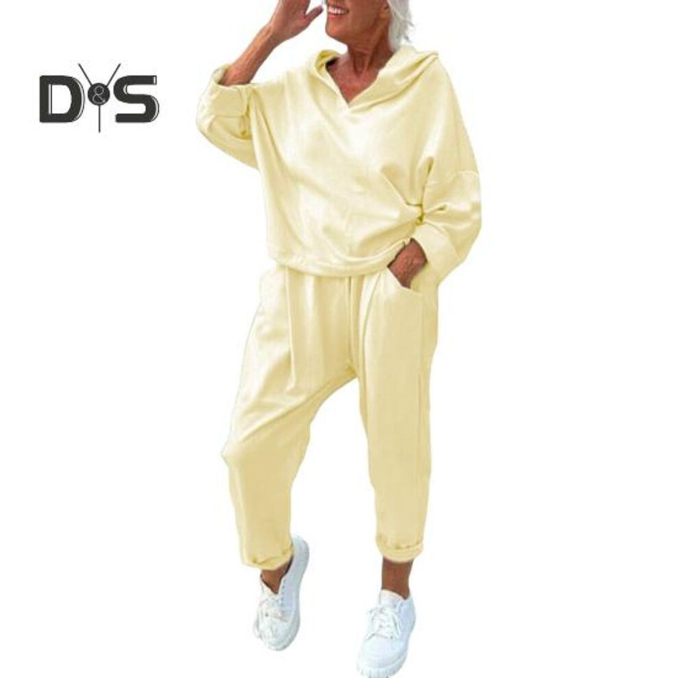(apricot, XL) 2 Pcs/Set Women Spring Autumn Top Pants Set Hooded Pure Color Long Sleeves Hoodie Elastic Waist Harem Pants Sport Outfit Casual Tracksuit