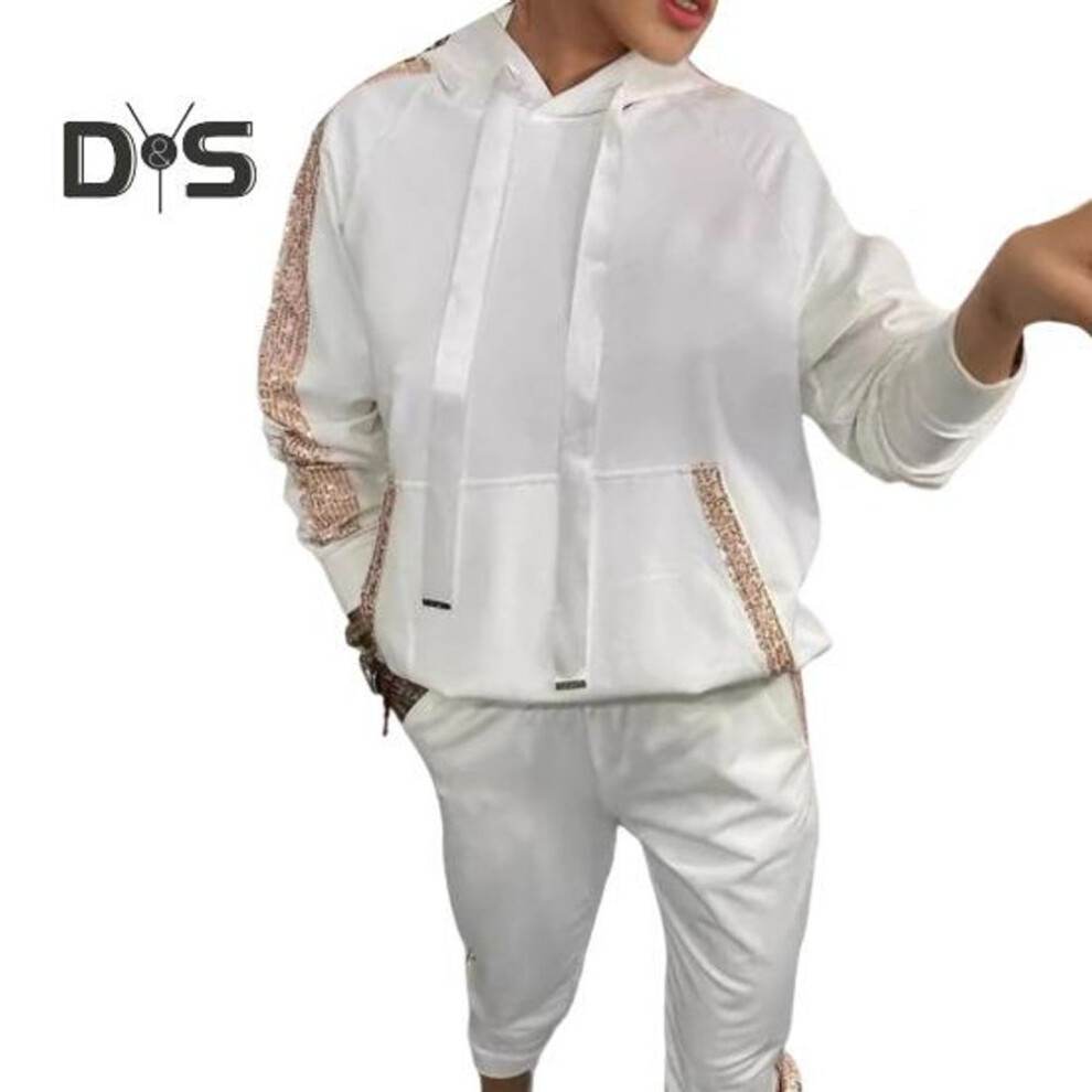 (white, XXL) 2 Pcs/Set Women Hoodie Pants Suit Long Sleeves with Sequined Pocket Solid Color Top Elastic Waist Trousers Daily Wear Sport Outfit Fall Spring
