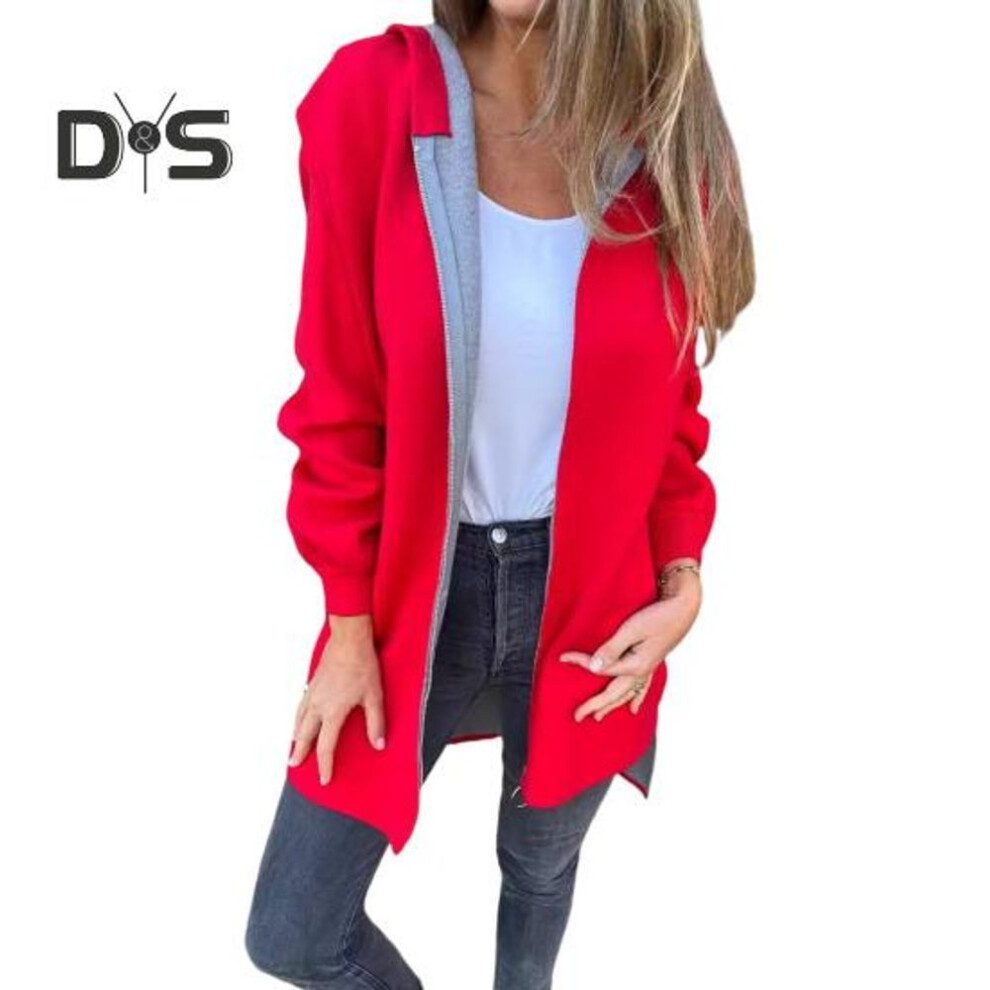 (red, 3XL) Lady Winter Coat Hooded Thick Zip-up Solid Color Elastic Cuffs Mid Length Long Sleeves Thermal Daily Wear Woolen Overcoat