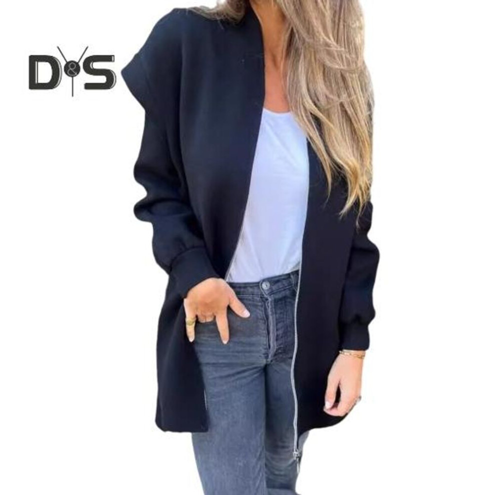 (black, XL) Lady Winter Coat Hooded Thick Zip-up Solid Color Elastic Cuffs Mid Length Long Sleeves Thermal Daily Wear Woolen Overcoat