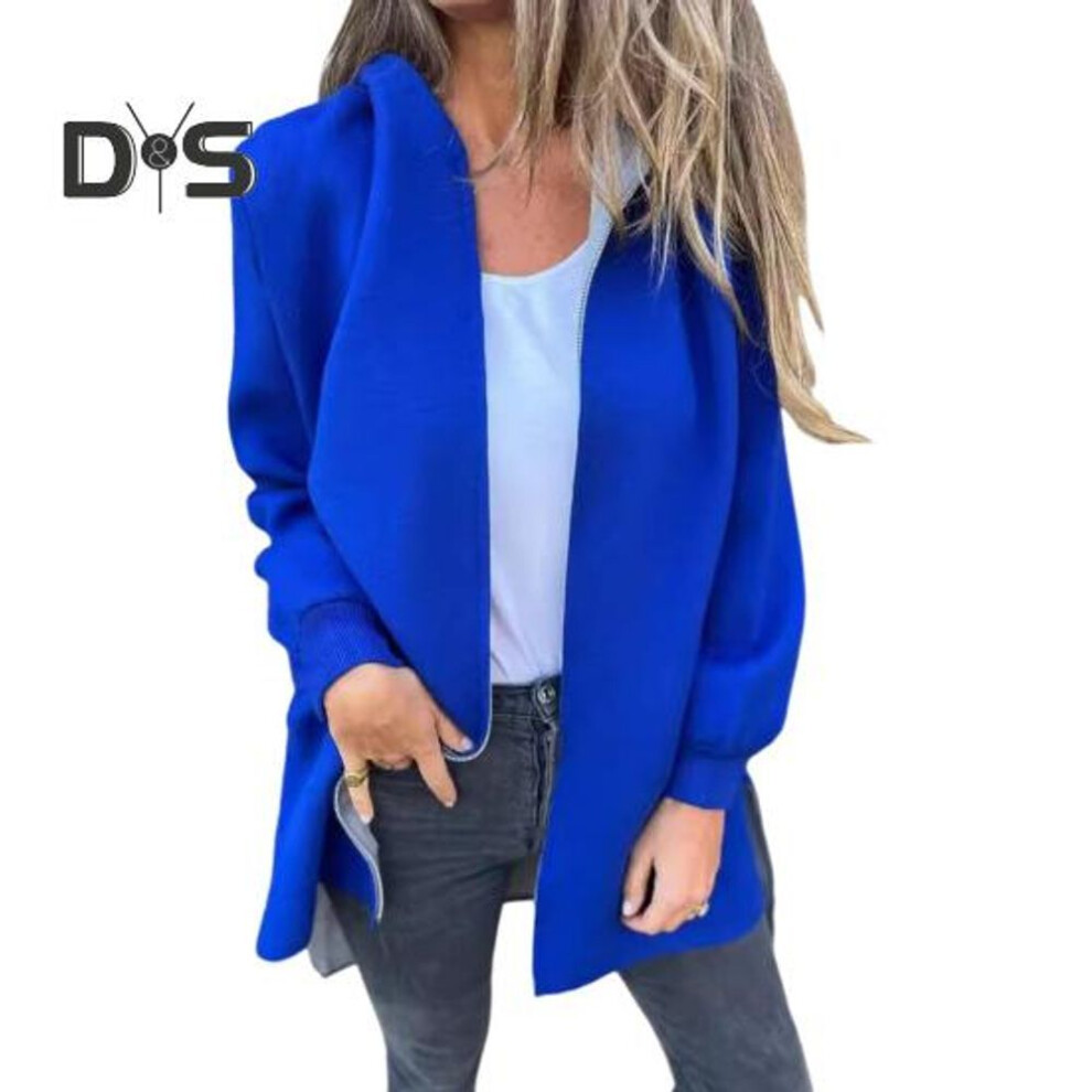 (blue, L) Lady Winter Coat Hooded Thick Zip-up Solid Color Elastic Cuffs Mid Length Long Sleeves Thermal Daily Wear Woolen Overcoat