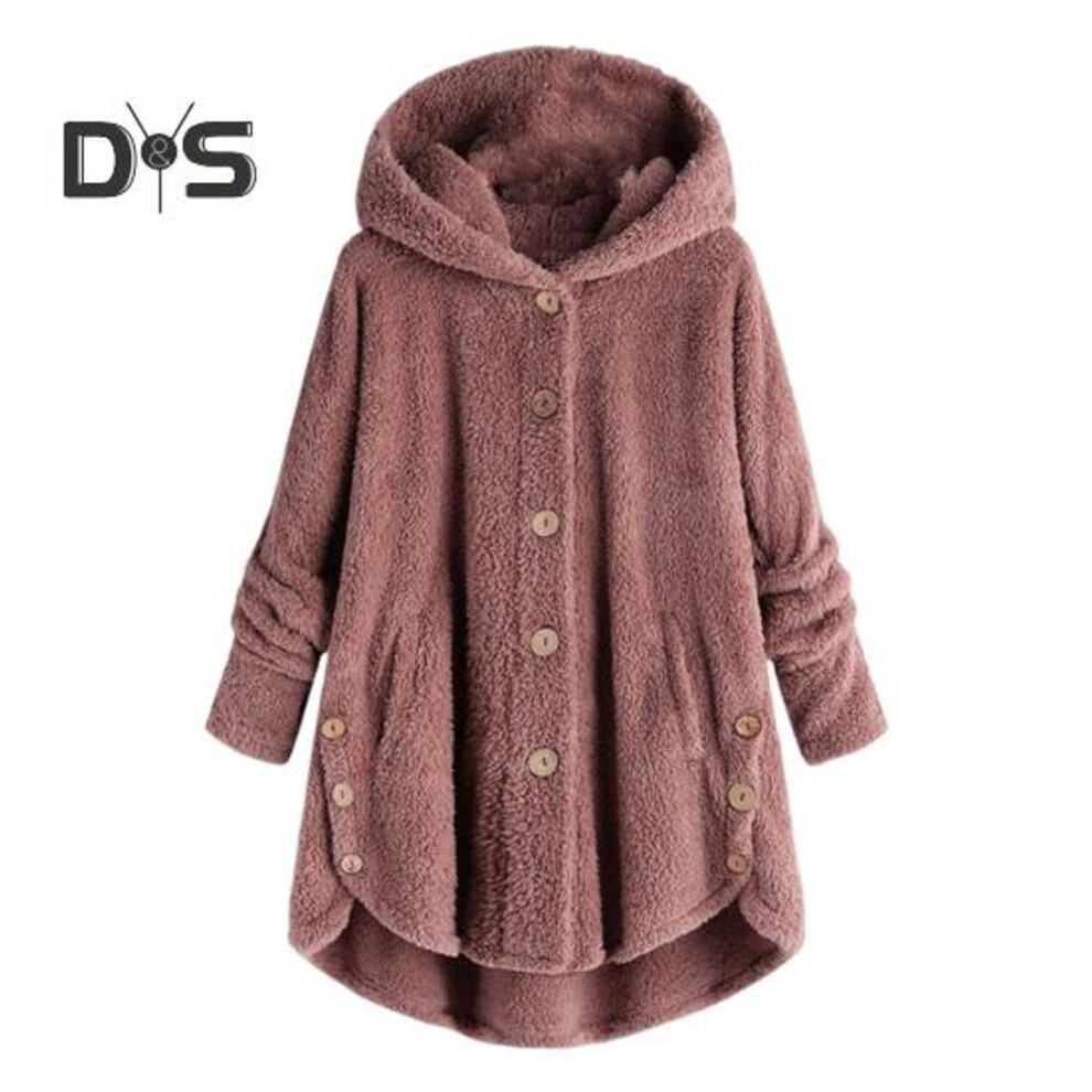 (pink, XL) Women Plush Coat Hooded Long Sleeve Side Buttons Hem Single Breasted Casual Jacket with Pockets Solid Color Loose Fit Mid-length Coat