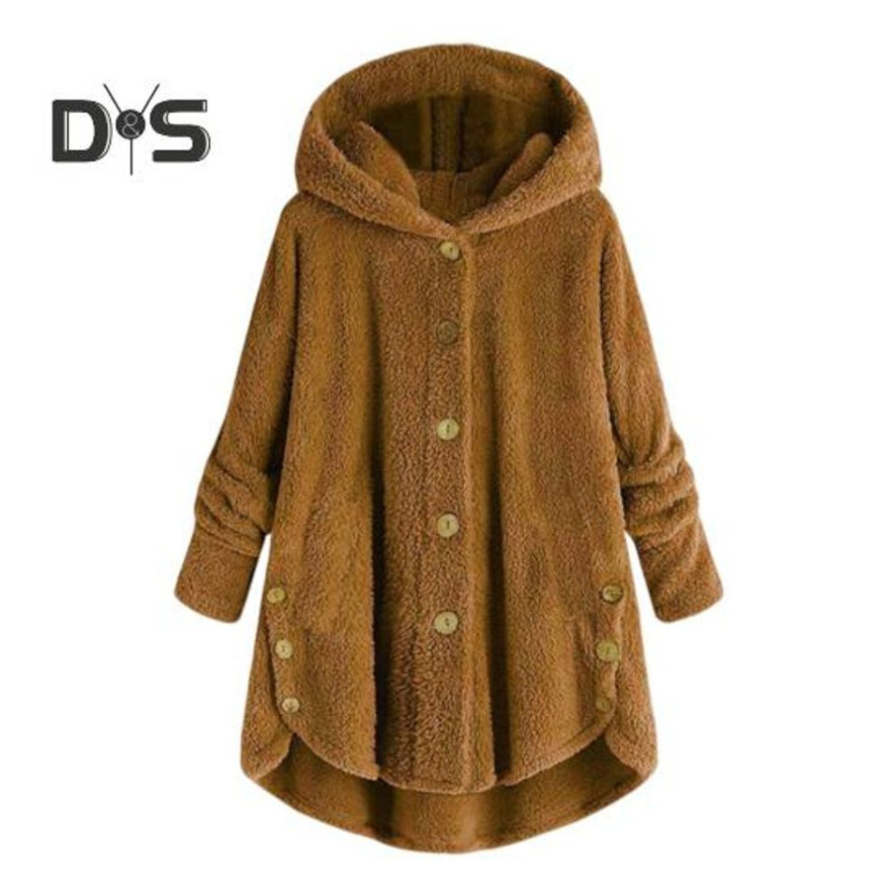 (yellow, M) Women Plush Coat Hooded Long Sleeve Side Buttons Hem Single Breasted Casual Jacket with Pockets Solid Color Loose Fit Mid-length Coat