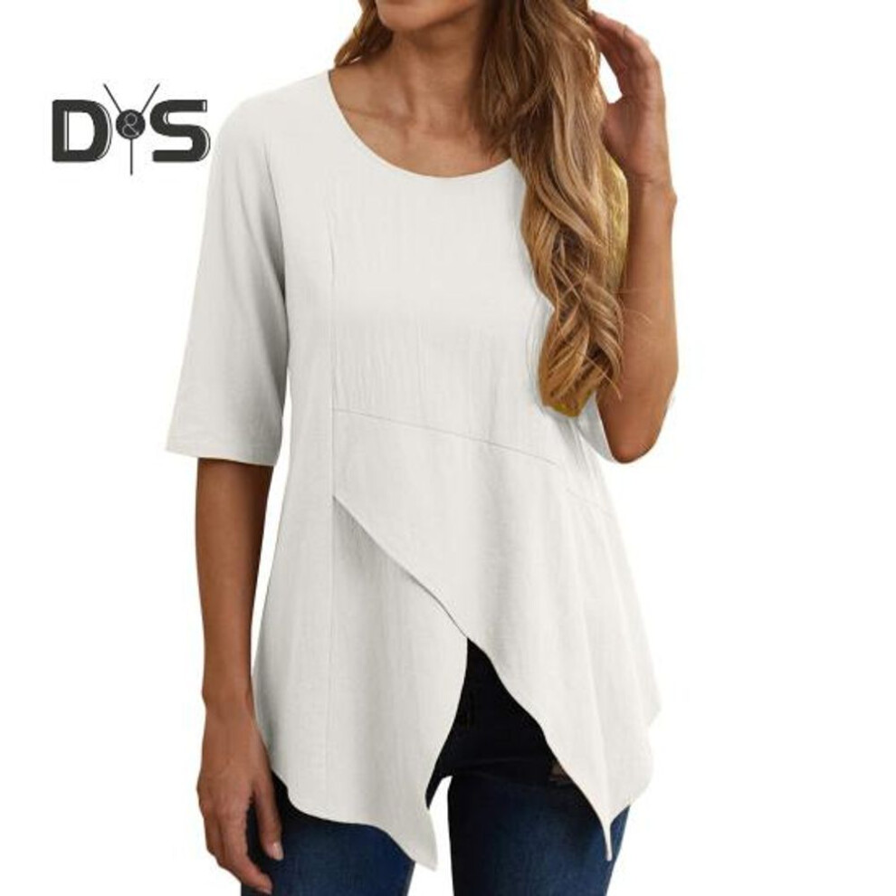 (S, white) Women Tops Round Neck Half Sleeve Irregular Hem Pullover Tops Loose Fit Solid Color Casual T-shirt Daily Wear