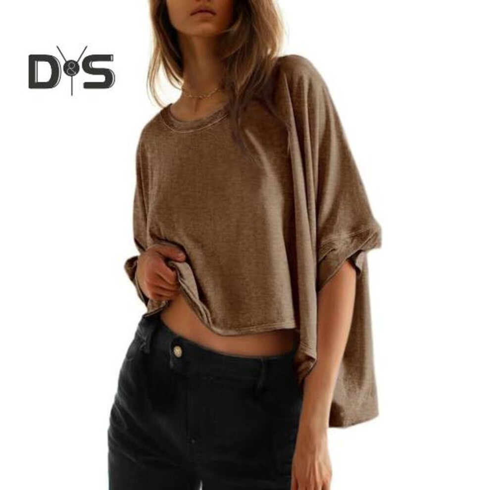 (XL, coffee) Women Summer T-shirt Round Neck Batwing Half Sleeve Loose Fit Tee Shirt Solid Color Summer Casual Pullover Tops Daily Wear