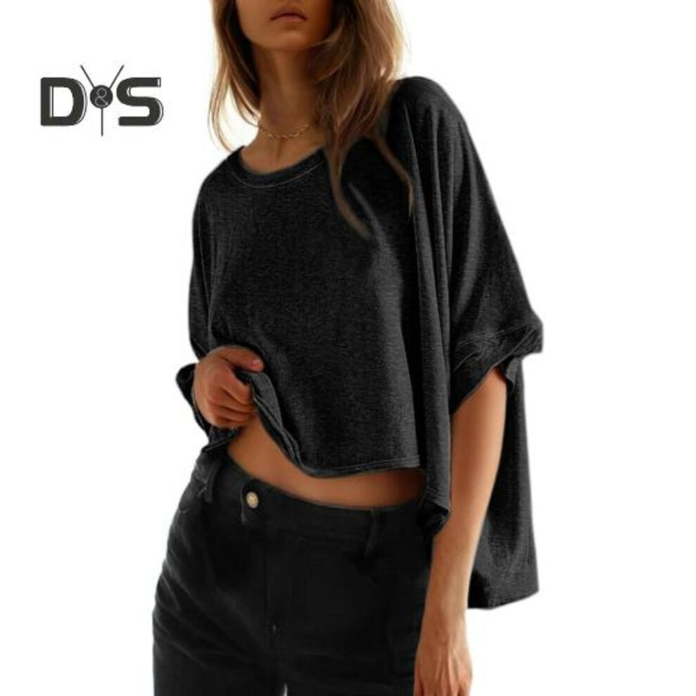(S, black) Women Summer T-shirt Round Neck Batwing Half Sleeve Loose Fit Tee Shirt Solid Color Summer Casual Pullover Tops Daily Wear
