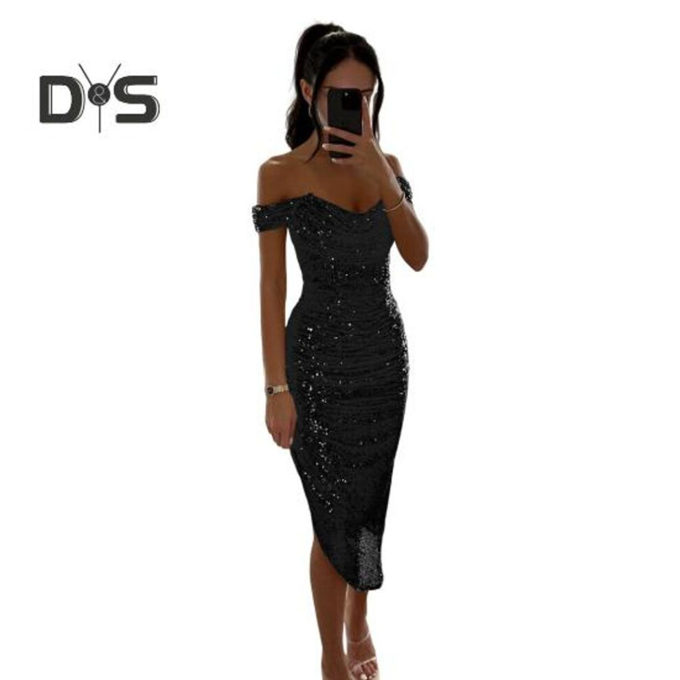 (black, L) Lady Evening Dress Off Shoulder Sleeveless Off Shoulder Slim Fit Sequin Irregular Hem Calf Length Low-cut Prom Wedding Party Formal Occasion Midi