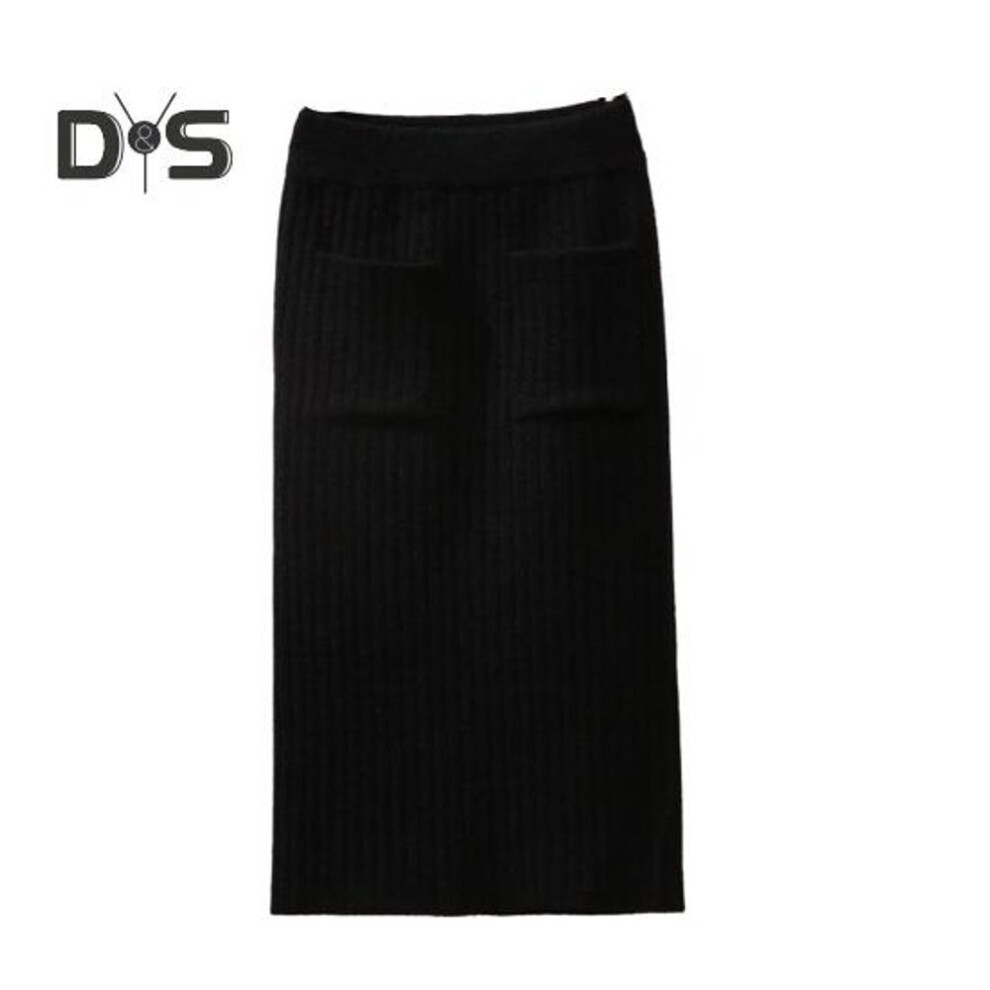 (black) Women Winter Fall Skirt Knitted Thick High Waist Elastic Sheath Pockets Pure Color Striped Ol Commute Mid Length Midi Skirt
