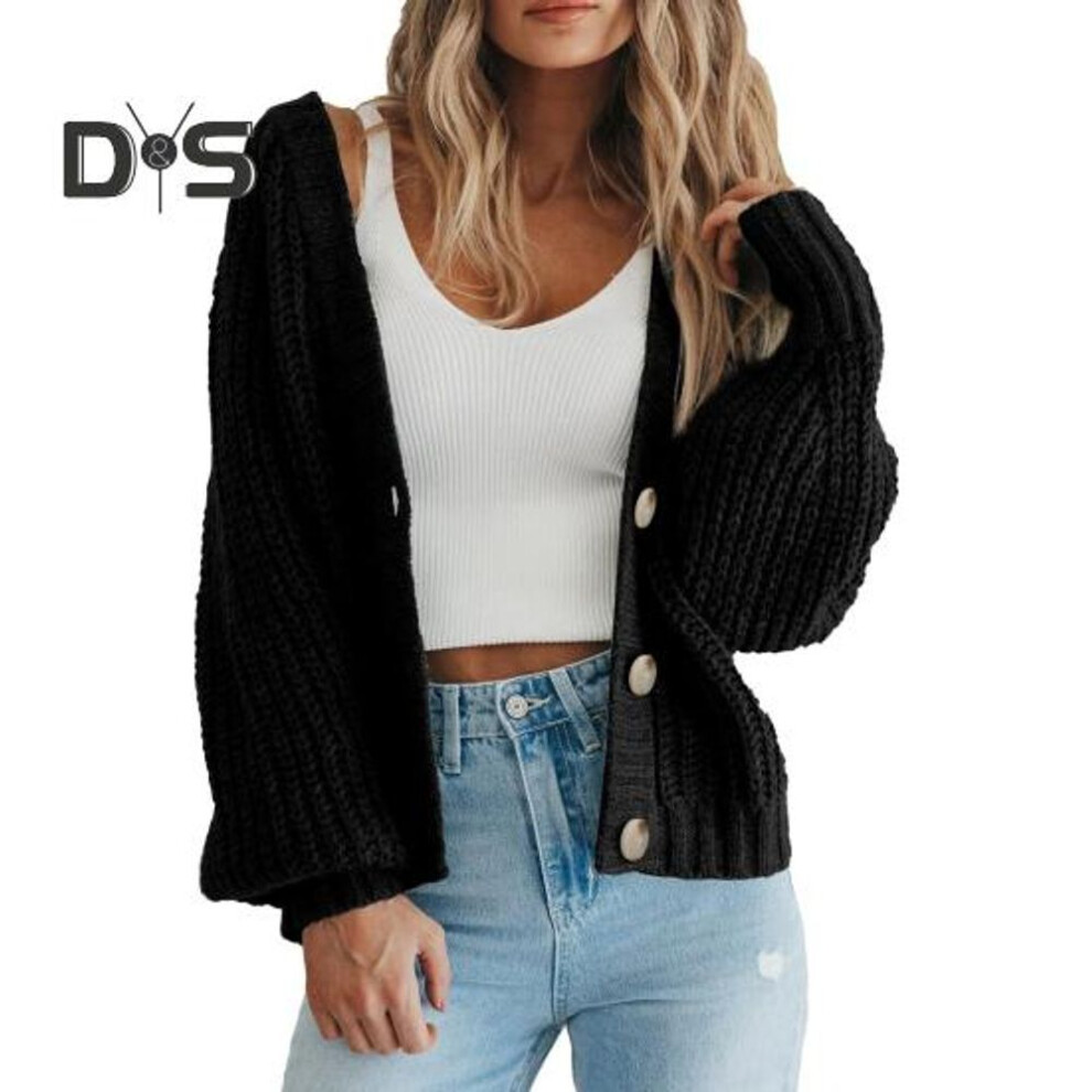 (S, black) Women Chunky Knit Cardigan Fall Winter Open Front Sweater Button Closure Single Breasted Solid Color Loose Short Outerwear Coat
