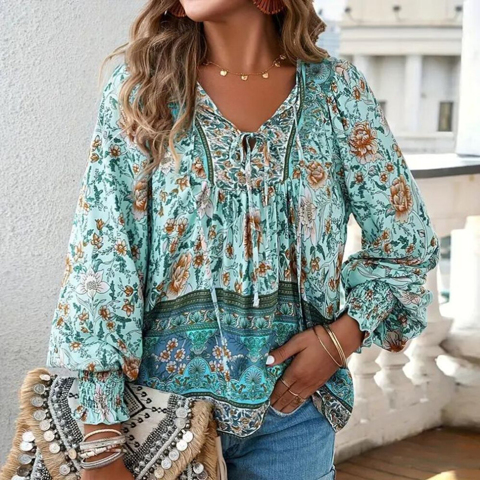 (S, green) Floral Print V Neck Blouse Casual Floral Print V Neck Blouse  Drawstring Long Sleeve For Spring & Fall - Women's Clothing