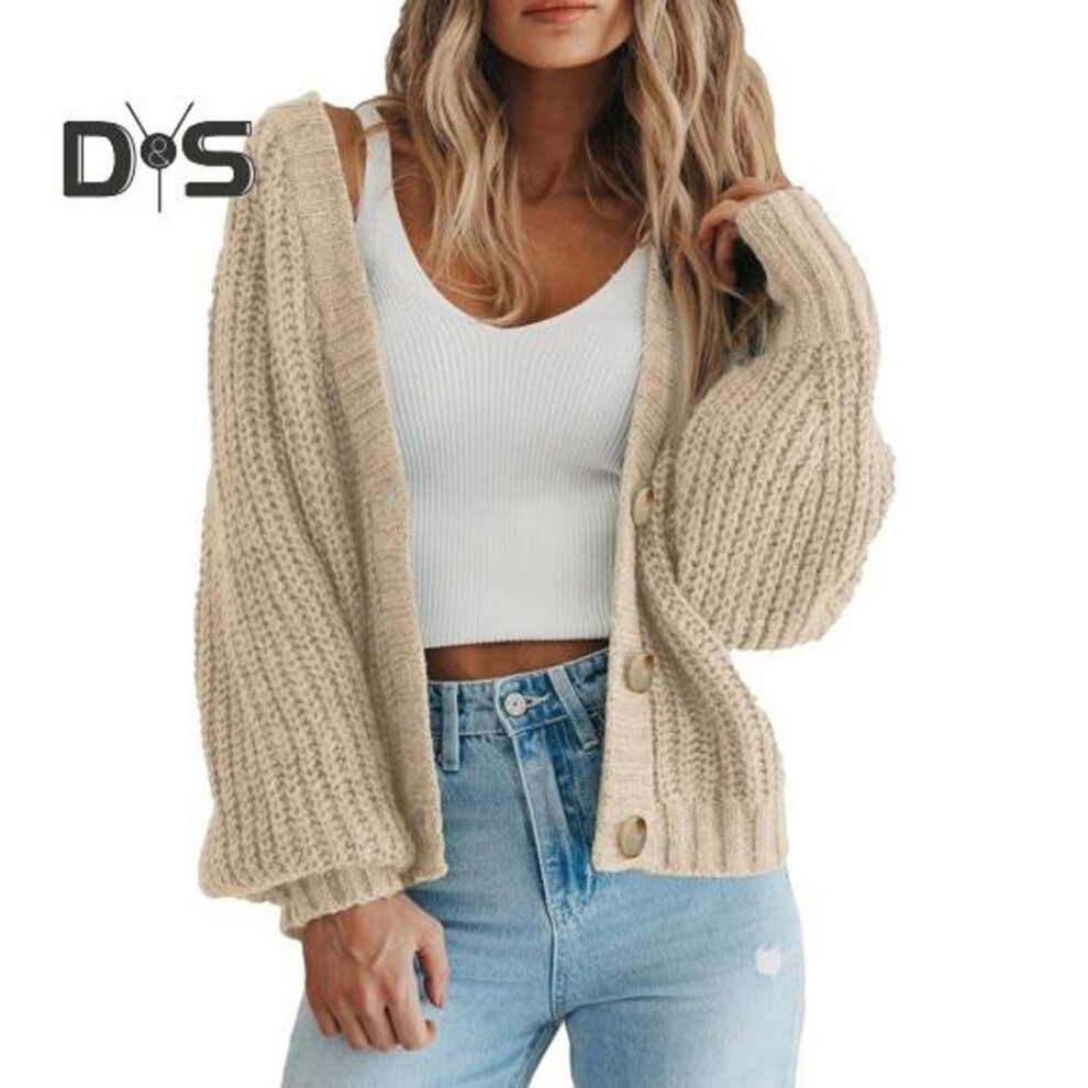 (S, apricot) Women Chunky Knit Cardigan Fall Winter Open Front Sweater Button Closure Single Breasted Solid Color Loose Short Outerwear Coat