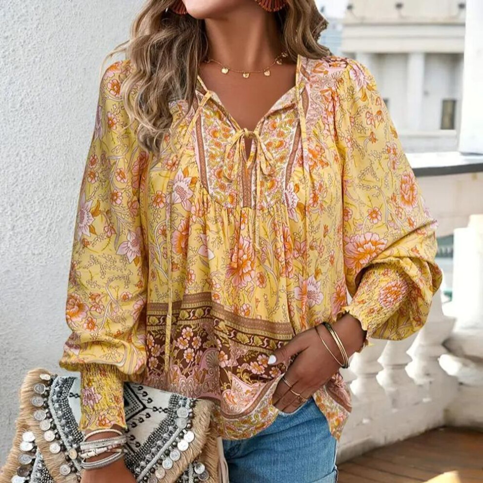 (S, yellow) Floral Print V Neck Blouse Casual Floral Print V Neck Blouse  Drawstring Long Sleeve For Spring & Fall - Women's Clothing