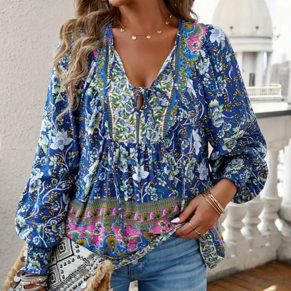 (XL, navy blue) Floral Print V Neck Blouse Casual Floral Print V Neck Blouse  Drawstring Long Sleeve For Spring & Fall - Women's Clothing