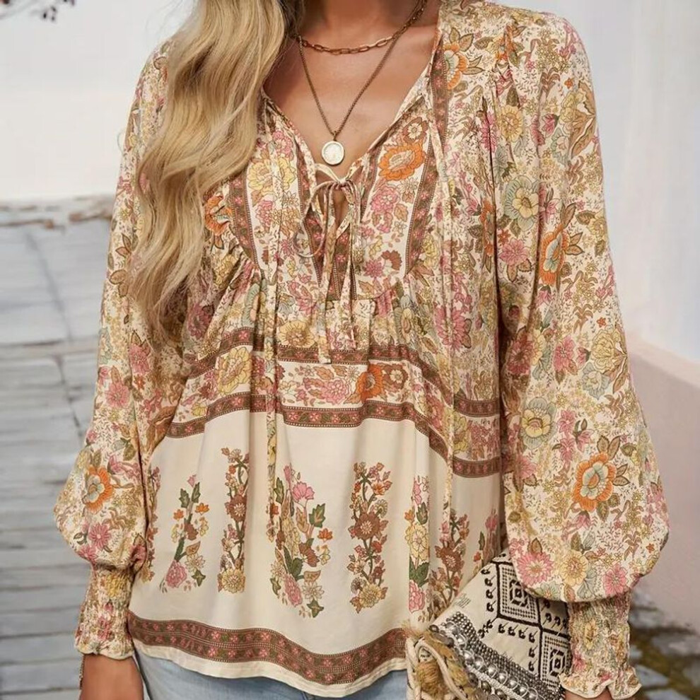 (L, as the picture) Floral Print V Neck Blouse Casual Floral Print V Neck Blouse  Drawstring Long Sleeve For Spring & Fall - Women's Clothing