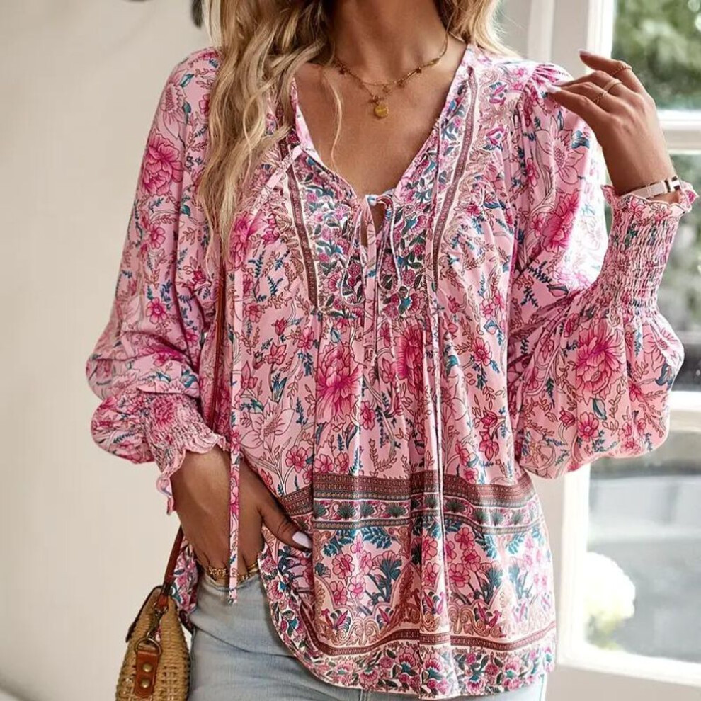 (XXL, pink) Floral Print V Neck Blouse Casual Floral Print V Neck Blouse  Drawstring Long Sleeve For Spring & Fall - Women's Clothing
