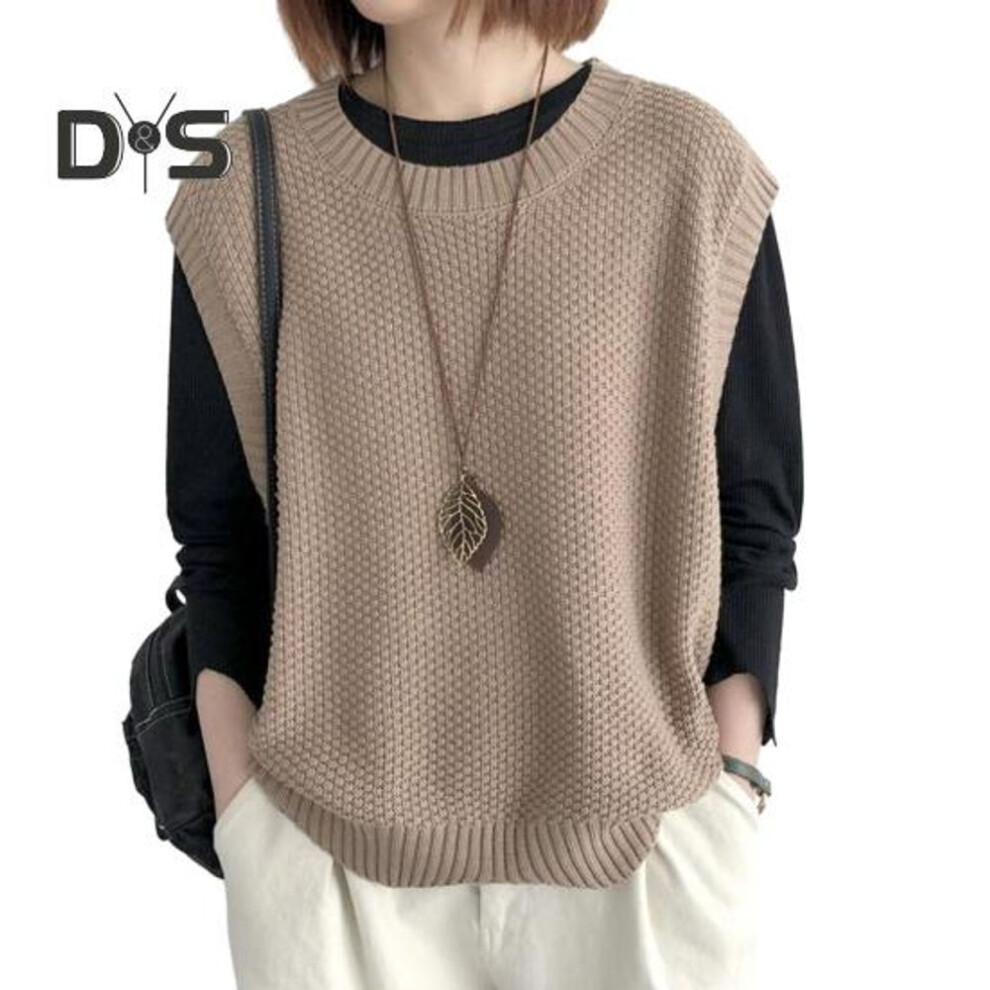 (khaki) Women Knitted Vest Autumn Winter O Neck Solid Color Wavy Hem Warm Soft Loose Casual Female Ladies Waistcoat Sleeveless Top Knitwear