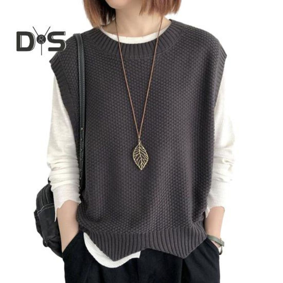 (dark gray) Women Knitted Vest Autumn Winter O Neck Solid Color Wavy Hem Warm Soft Loose Casual Female Ladies Waistcoat Sleeveless Top Knitwear