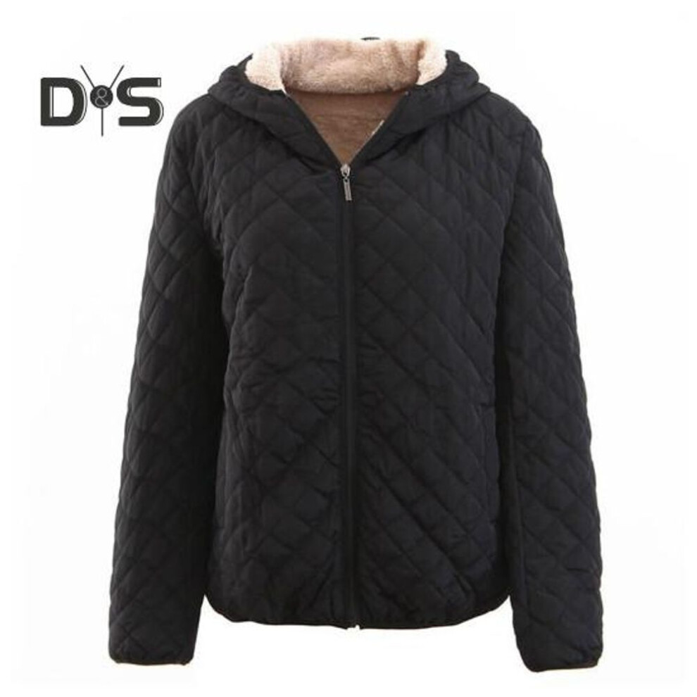 (black, XL) Women Hooded Cotton Jacket Autumn Winter Warm Solid Color Quilted Long Sleeves Zipper Pocket Casual Loose Fit Ladies Female Coat Outwear