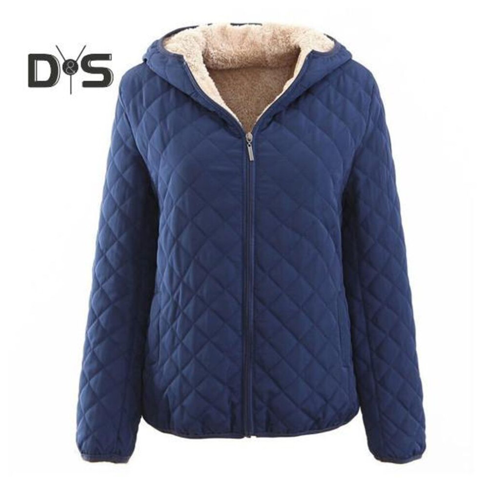 (navy blue, 2XL) Women Hooded Cotton Jacket Autumn Winter Warm Solid Color Quilted Long Sleeves Zipper Pocket Casual Loose Fit Ladies Female Coat Outwear
