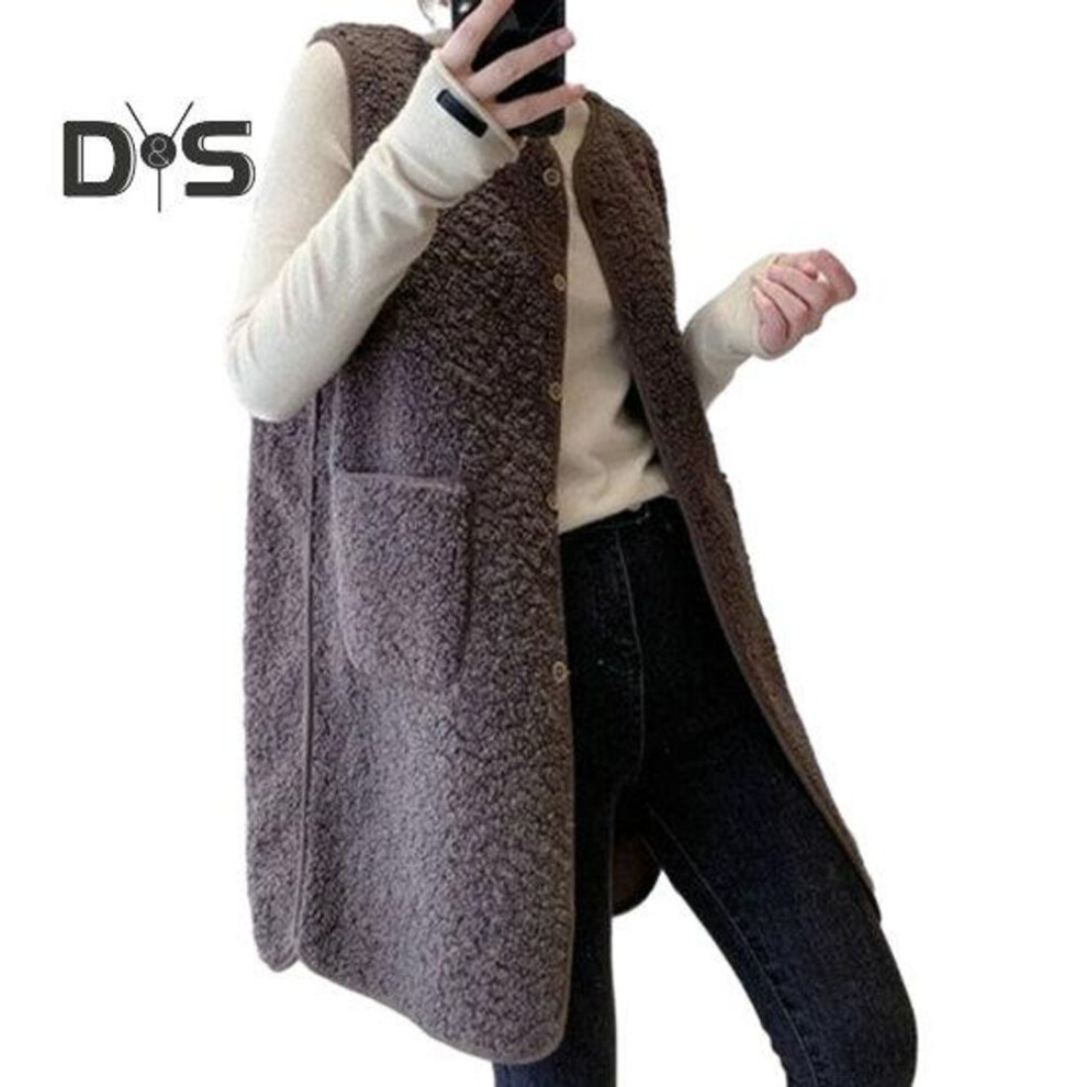 (coffee, 3XL) Women Vest Stylish Casual Sleeveless Coat V Neck Button Closure Lady Jacket With Pocket For Daily Wear