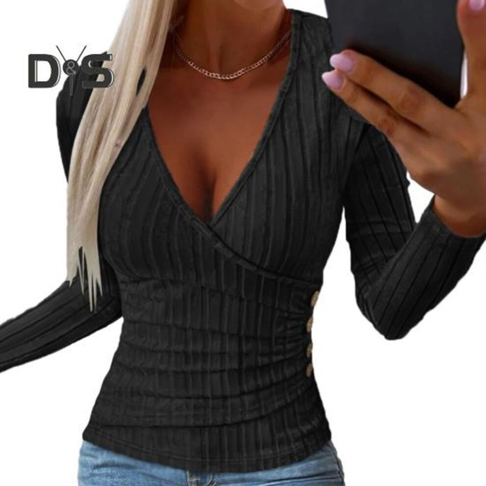 (L, black) Women Autumn Solid Color Tops Deep V neck Long Sleeve Blouse Elegant Slim Fit Buttons Decor Ribbed Pullover Tops
