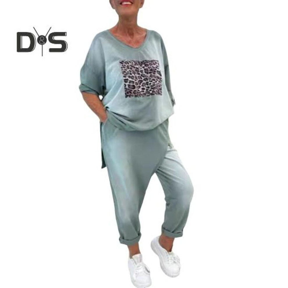 (grey, L) 2 Pcs/Set Women Top Pants Set Round Neck Leopard Print Long Sleeves Slit Hem Sweatshirt Elastic Waist Sweatpants Sport Outfit Autumn Casual Tracksuit