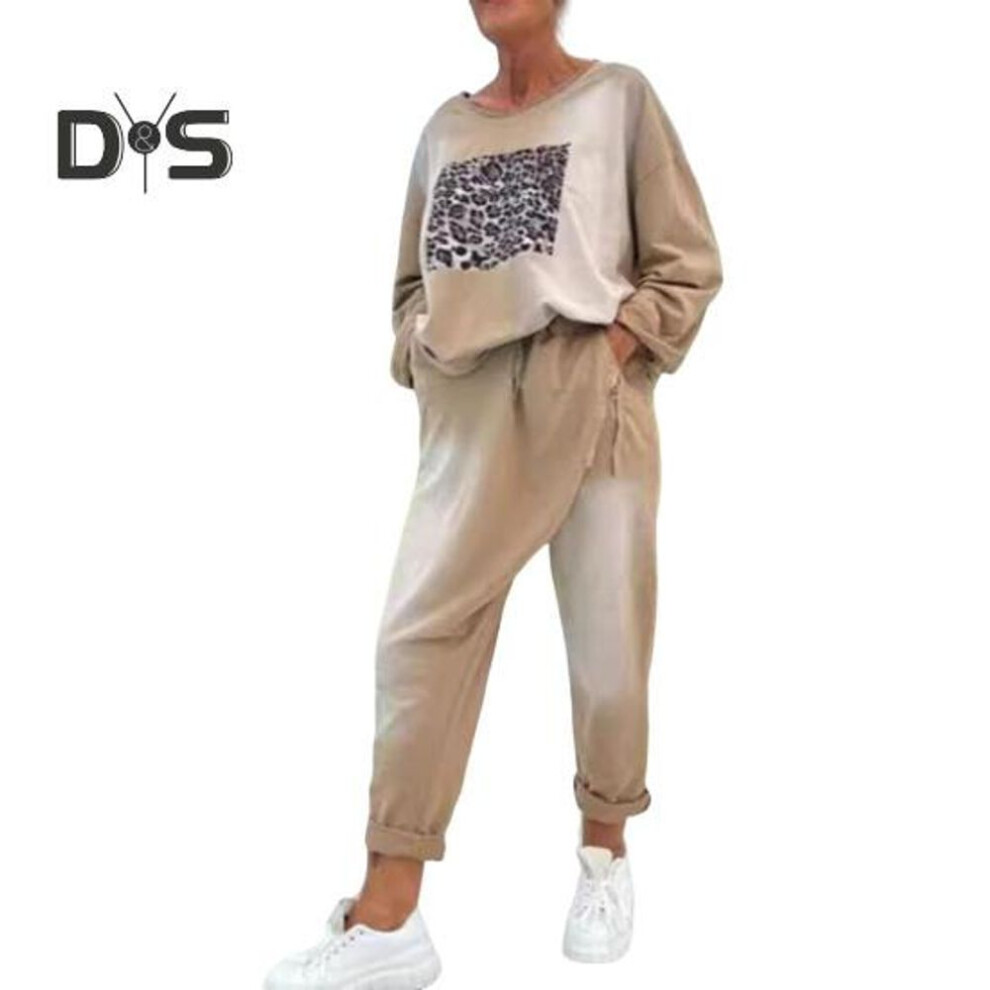 (brown, M) 2 Pcs/Set Women Top Pants Set Round Neck Leopard Print Long Sleeves Slit Hem Sweatshirt Elastic Waist Sweatpants Sport Outfit Autumn Casual Tracksuit