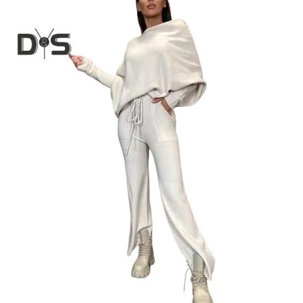 (light grey, XL) 2 Pcs/set Women Top Pants Set Off Shoulder Long Bat Sleeves Sweatshirt Elastic Waist Flared Sweatpants Sport Outfit Autumn Casual Tracksuit