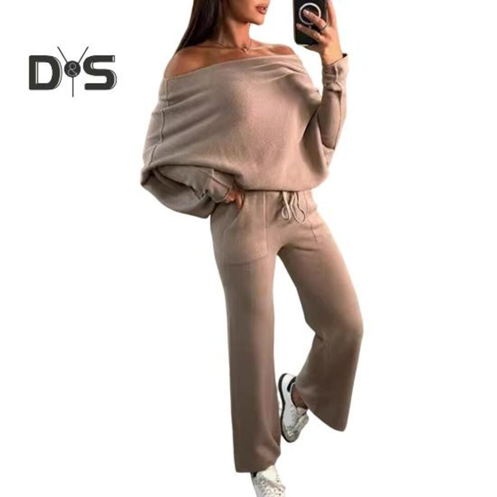 (dark brown, M) 2 Pcs/set Women Top Pants Set Off Shoulder Long Bat Sleeves Sweatshirt Elastic Waist Flared Sweatpants Sport Outfit Autumn Casual Tracksuit