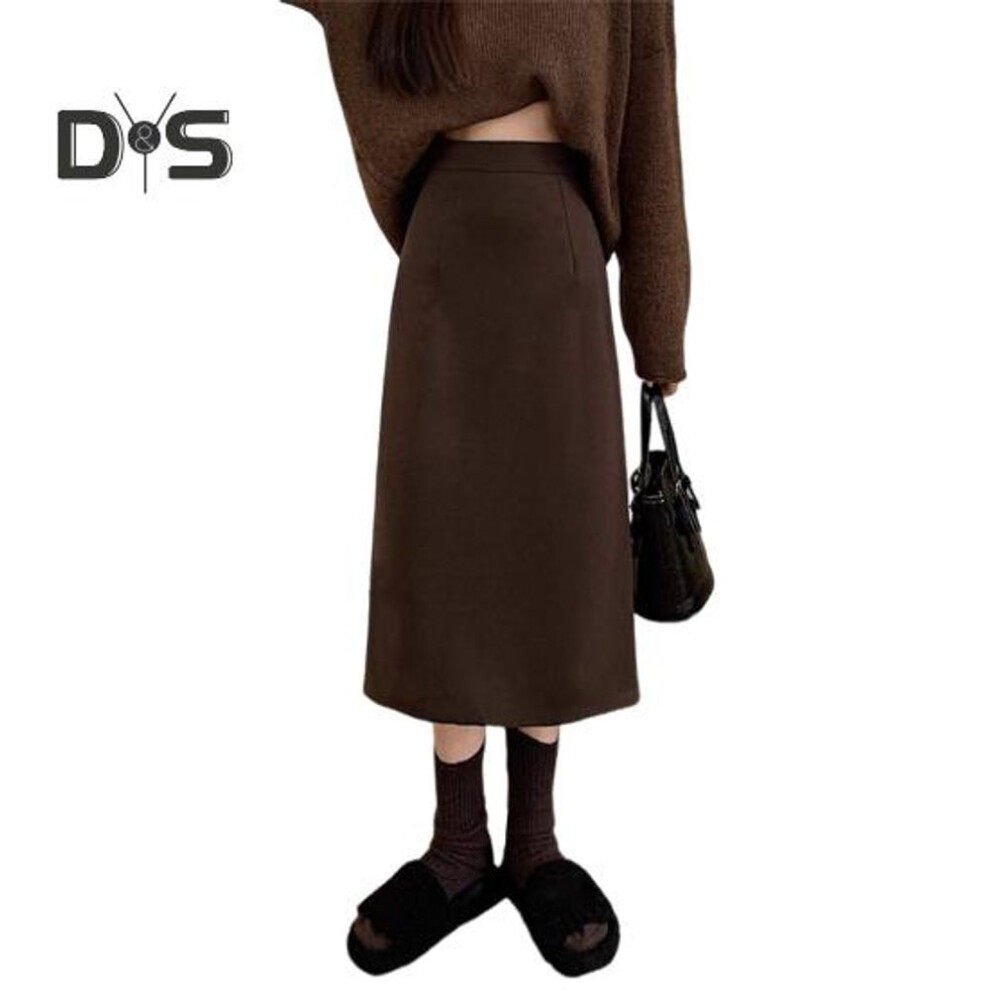 (XL, coffee) Women A-Line Skirt Elastic High Waist Solid Color Retro Slit Skirt Solid Autumn Winter Slimming Skirt